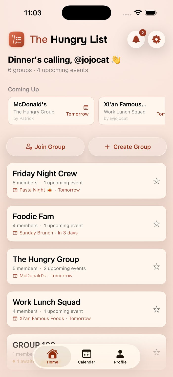 The Hungry List home screen showing groups and upcoming dinners
