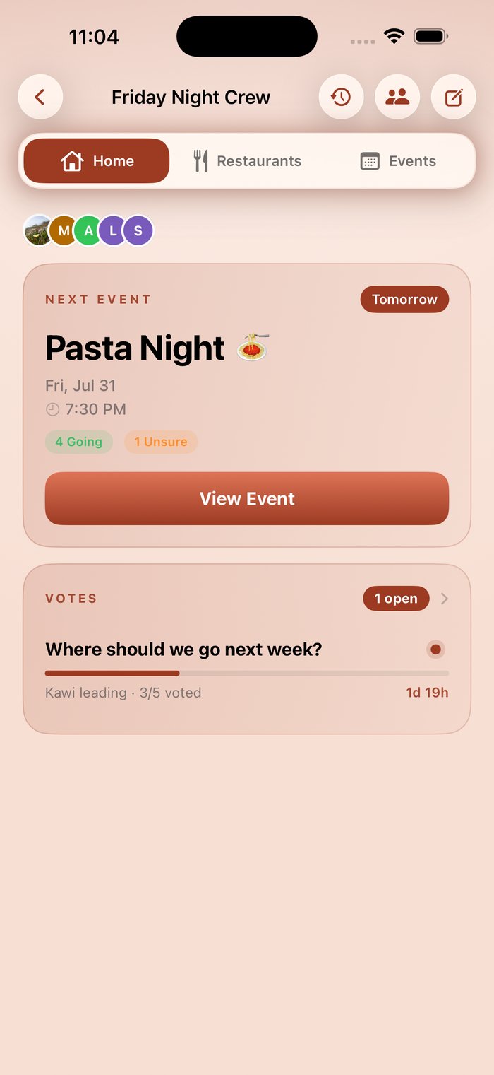 A group’s home screen with members, next event, and a live vote