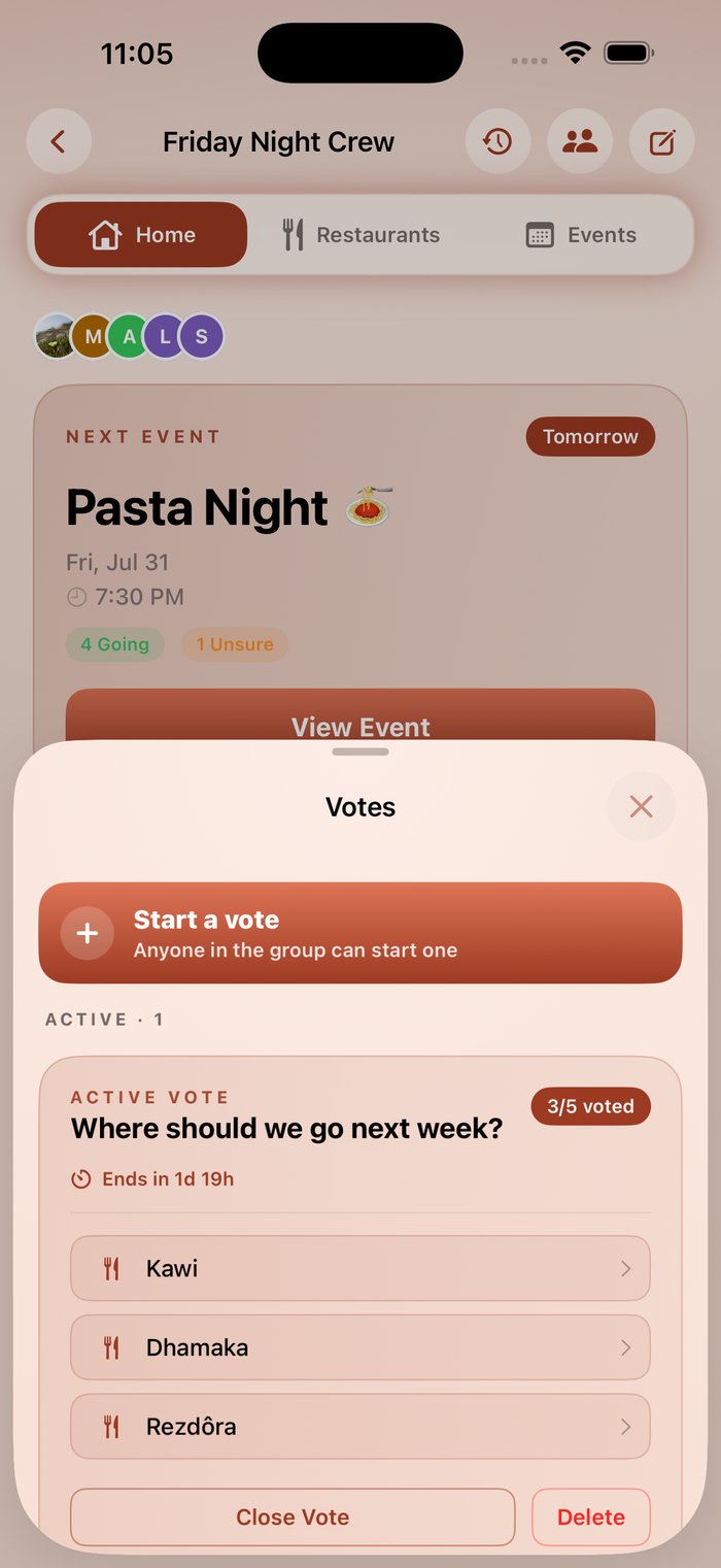 An active group vote with live results and a countdown