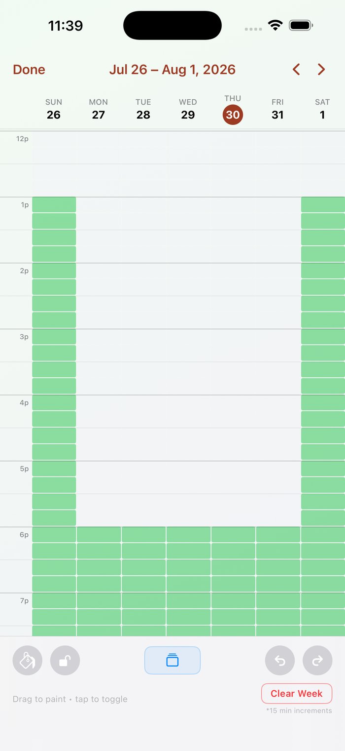 A weekly availability grid painted with free time slots
